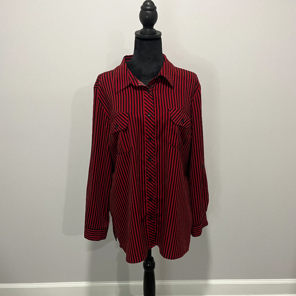 Notations Long Sleeve, Black & Red Strip Blouse, Button Down, Size XL